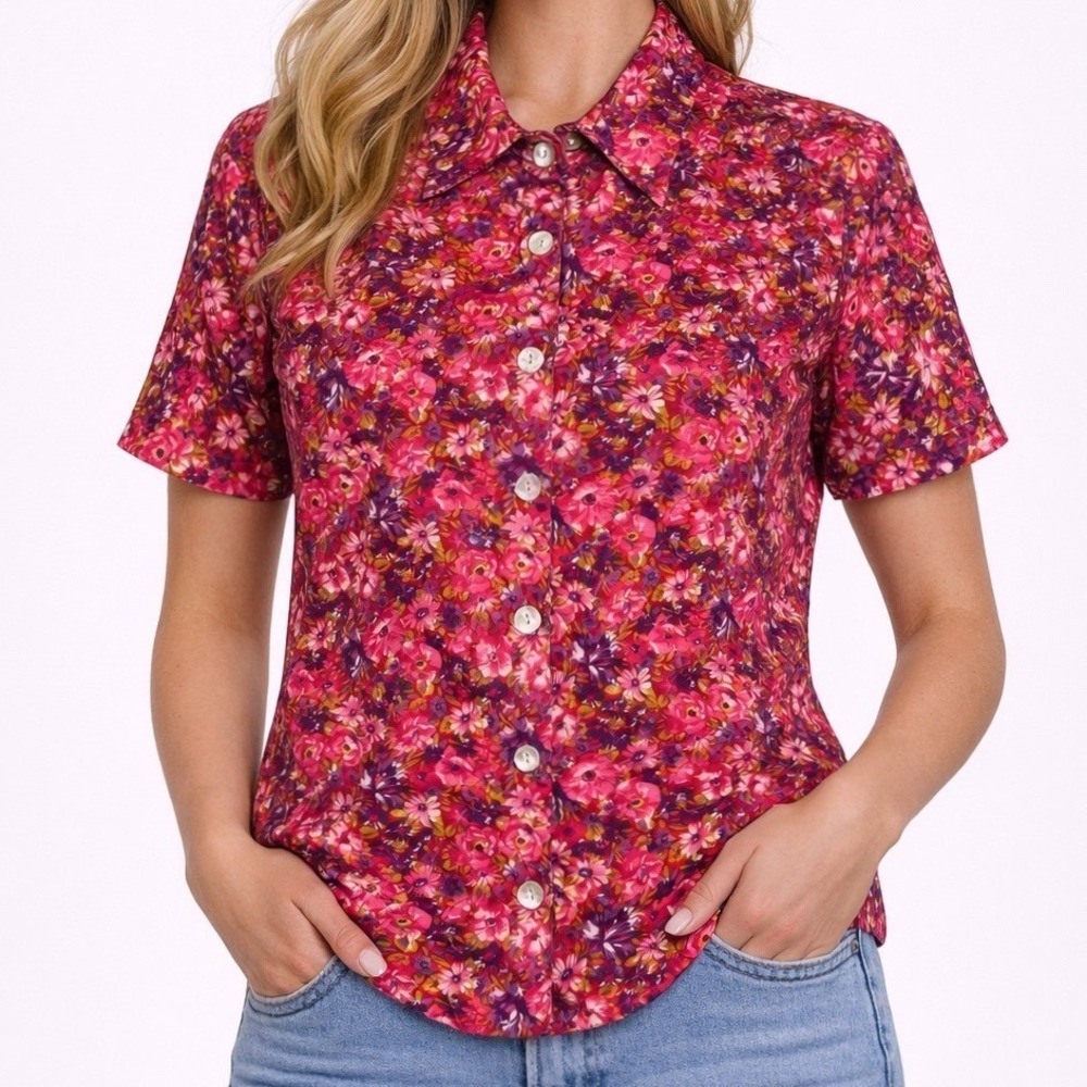 Peaces USA Floral Button Up Shirt M Heavy Cotton Pink Made in USA Cottagecore